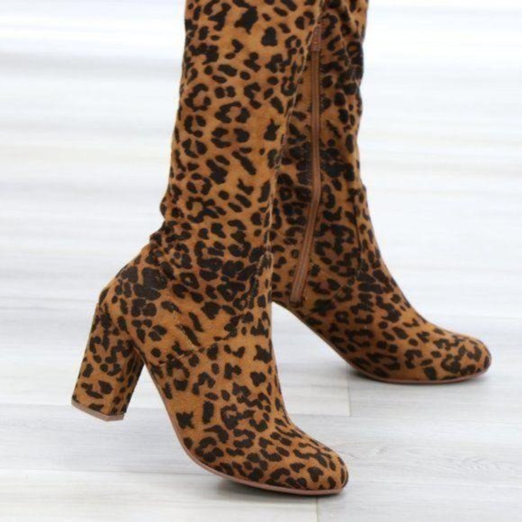 Suede Leopard Thigh High Heeled Boots - Picture 11 of 13